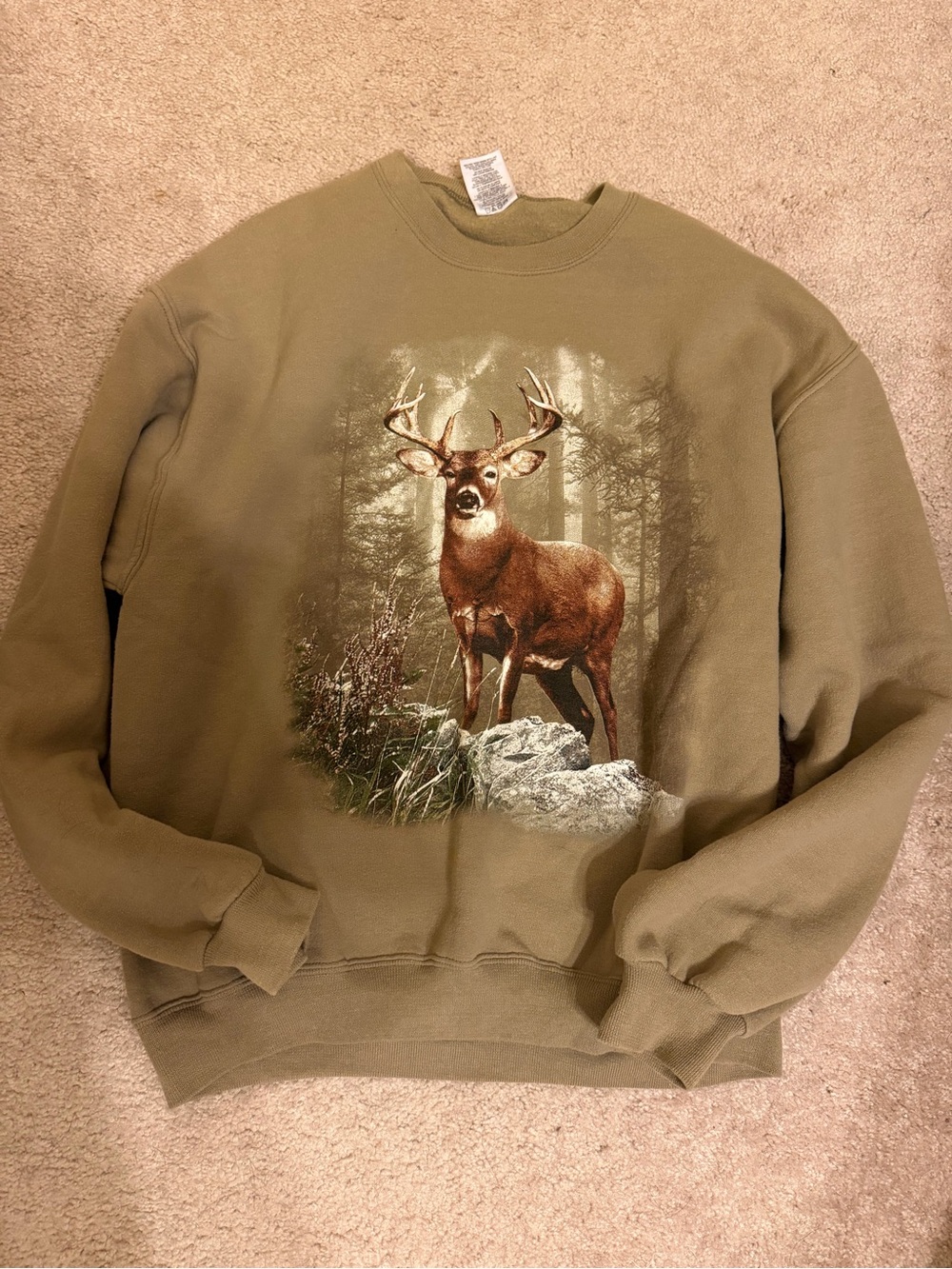 Jerzees Olive Green Deer Graphic Crewneck Sweatshirt